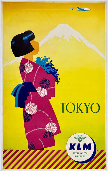 Rare authentic original vintage TOKYO - KLM - ROYAL DUTCH AIRLINES airline travel and tourism poster plakat affiche circa 1950.