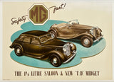 Vintage MG car advertisement poster featuring two classic MG cars on a cream background with the MG logo and text reading 'Safety MG fast!' and 'THE 1 1/4 LITRE SALOON & NEW "T.D" MIDGET'.