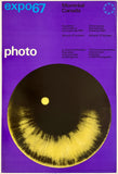 Poster for Expo 67 Montreal Canada with a black and yellow design on a purple background