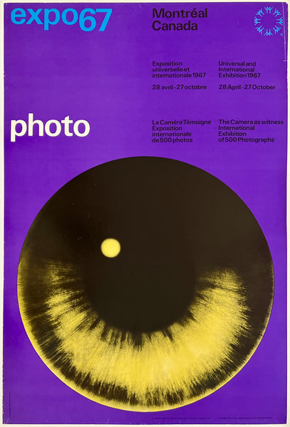 Poster for Expo 67 Montreal Canada with a black and yellow design on a purple background