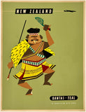 Vintage-style travel poster for New Zealand featuring a Maori warrior with Qantas branding.
