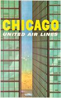 Authentic rare original vintage Chicago - United Air Lines linen backed UAL airline travel and tourism poster plakat affiche by artist Stan Galli circa 1950s.