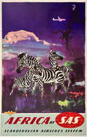 Rare authentic original vintage Africa By SAS - Scandinavian Airlines System linen backed airline tourism and travel poster plakat affiche by artist Otto Nielsen and printed in Denmark, circa 1960s.