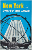 Authentic original vintage New York Via United Air Lines linen backed UAL airline travel and American tourism poster plakat affiche by artist circa 1963.