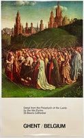 Rare original vintage BELGIUM LAND OF ART AND BEAUTY - GHENT Detail from the Polyptych of the Lamb by the Van Eycks St. Bavo's Cathedral linen backed travel and tourism poster plakat affiche circa 1970.