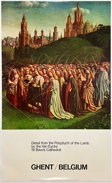 Rare original vintage BELGIUM LAND OF ART AND BEAUTY - GHENT Detail from the Polyptych of the Lamb by the Van Eycks St. Bavo's Cathedral linen backed travel and tourism poster plakat affiche circa 1970.