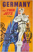 Original vintage Germany Fly TWA Jets linen backed aviation travel and tourism poster plakat affiche by artist David Klein, illustrator of airline posters for Trans World Airlines destinations. This poster, circa 1960s.
