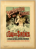 Vintage advertisement poster for hair recoloration product 'L'Eau des Sirenes' with women and text.