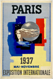 Vintage poster for the 1937 Paris International Exhibition with abstract design elements.