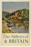 Vintage-style poster of The Abbeys of Britain with a scenic depiction of a monastery by a lake.
