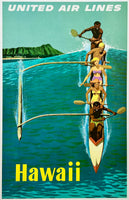 Vintage-style advertisement for United Airlines featuring people in a canoe with Hawaii text.