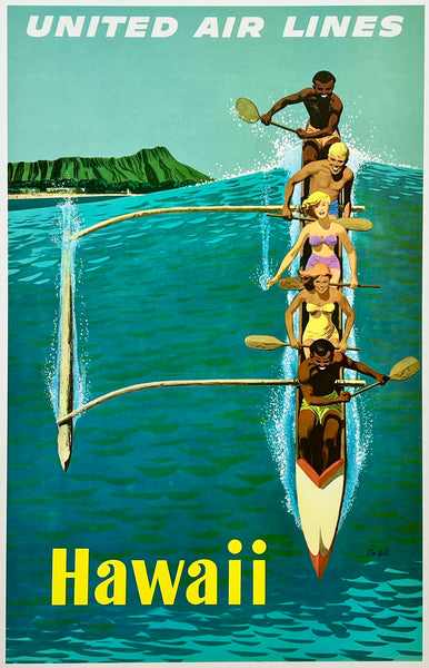 Vintage-style advertisement for United Airlines featuring people in a canoe with Hawaii text.