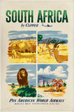 Vintage travel poster for South Africa by Clipper, featuring wildlife and landscapes with Pan American World Airways branding.
