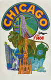 Original vintage Chicago - Fly TWA aviation linen backed travel poster plakat affiche by artist David Klein, illustrator of airline posters for Trans World Airlines destinations.