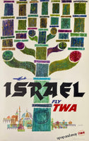 Original vintage Fly TWA Israel Up Up and Away aviation travel and tourism poster featuring Jerusalem and a menorah by artist David Klein, circa 1960s.