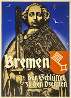 Rare authentic original vintage Bremen Germany German art deco linen backed German travel and tourism poster circa 1935.