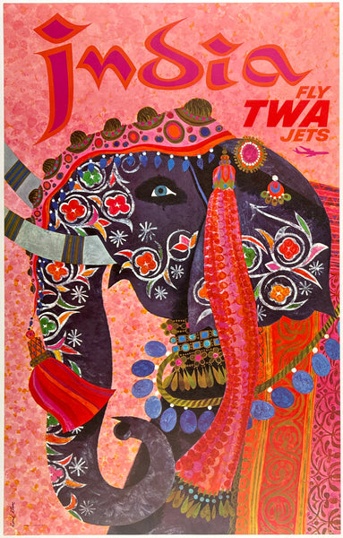 Original vintage India - Fly TWa Jets linen backed aviation travel and tourism poster by artist David Klein, illustrator of airline posters for Trans World Airlines destinations in America, South America, Europe, Asia, circa 1960s.