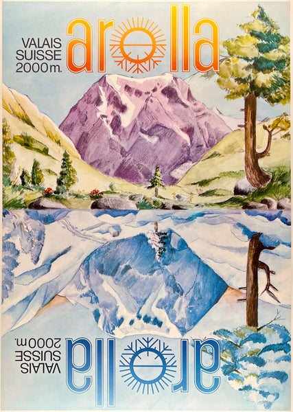 Beautiful authentic original vintage Arolla Swiss travel Switzerland tourism linen backed poster plakat affiche circa 1960s. 