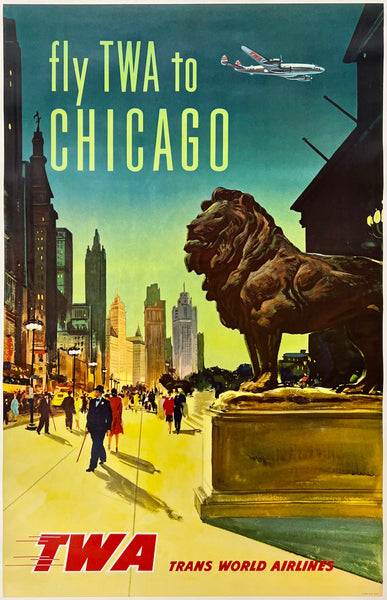 Rare authentic original vintage FLY TWA TO CHICAGO - TRANS WORLD AIRLINES aviation linen backed travel poster plakat affiche circa 1957.