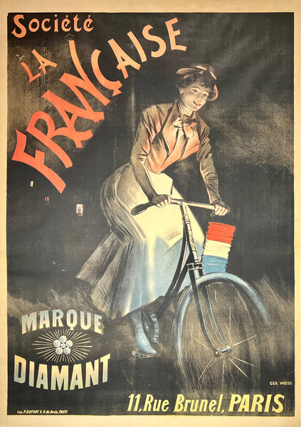 Rare authentic original vintage Societe La Francaise linen backed cycling cycles poster plakat affiche by artist Weiss circa 1895.