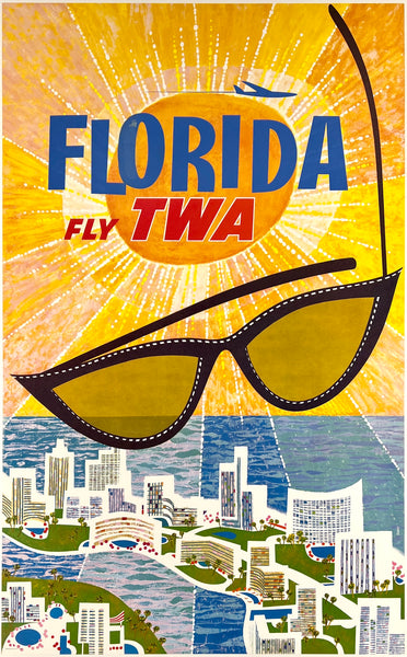 Authentic original vintage Florida - Fly TWA linen backed aviation travel and tourism poster by artist David Klein, illustrator of airline posters for Trans World Airlines destinations.