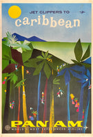 Rare authentic original Jet Clippers to Caribbean - Pan Am - World's Most Experienced Airline linen backed travel and tourism poster plakat affiche circa 1962.