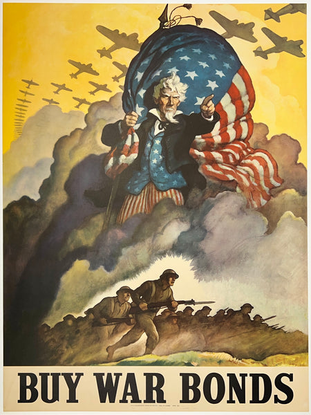 Original vintage Buy War Bonds linen backed American USA World War II propaganda poster featuring a powerful illustration of Uncle Sam by artist NC Wyeth, circa 1942.