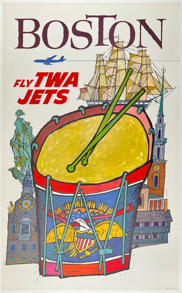 Original vintage Boston - Fly TWA Jets linen backed aviation travel and tourism poster by artist David Klein, illustrator of airline posters for Trans World Airlines destinations in America and Europe, Asia, and Africa.
