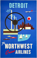 Original vintage Northwest Orient Airlines Detroit linen backed Motor City airline travel and tourism poster plakat affiche circa 1955.