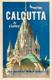 Original vintage Calcutta By Clipper Pan Am linen backed Kolkata India travel and Indian tourism poster plakat affiche circa 1951.