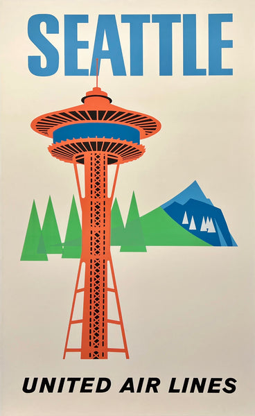 Rare authentic original vintage Seattle United Air Lines linen backed UAL airline travel and tourism partial silkscreen poster plakat affiche featuring the Space Needle circa 1960s.