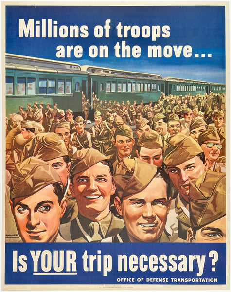 Original vintage Is Your Trip Necessary? linen backed American USA World War II propaganda poster plakat affiche circa 1943.