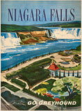 Original vintage Niagara Falls - Go Greyhound linen backed Canada bus travel and Canadian tourism poster plakat affiche circa 1960s.