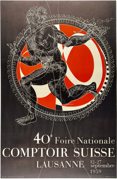 Original vintage 40th Foire Nationale Comptor Suisse linen backed Swiss travel and tourism poster plakat affiche by Hans Erni circa 1959.