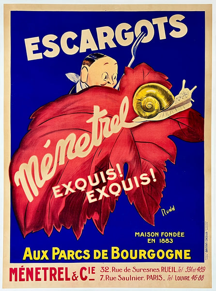 Authentic original vintage Escargots Menetrel linen backed French food and liquor art deco advertising poster by artist Rudd, circa 1930s.