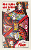 Original vintage Las Vegas - Fly TWA linen backed aviation travel and tourism showgirl, casino, sunshine, golf, playing card, gambling and beaches poster by artist David Klein, illustrator of airline posters for Trans World Airlines destinations.