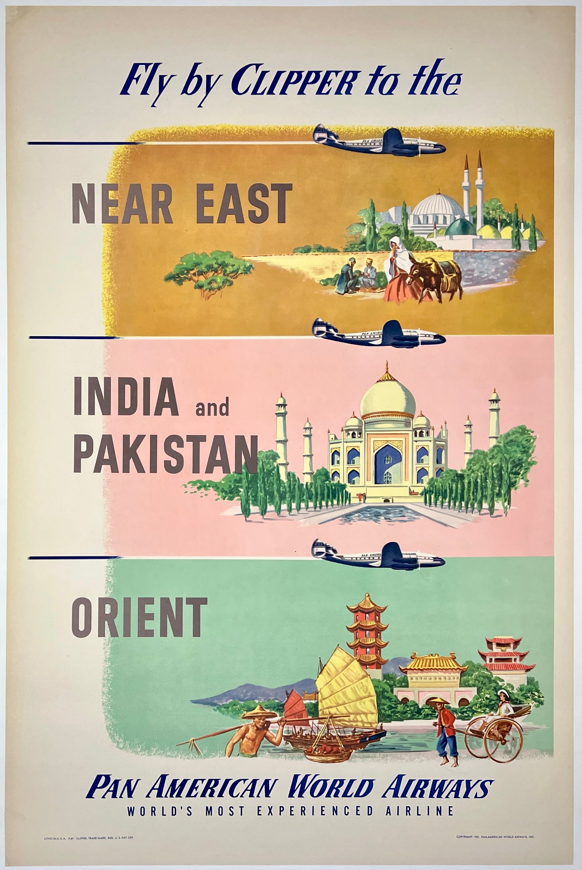 PAN AM Poster CLIPPER TO THE NEAR EAST, INDIA & PAKISTAN, ORIENT