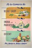 Original vintage FLY BY CLIPPER TO THE NEAR EAST, INDIA & PAKISTAN, ORIENT - PAN AMERICAN WORLD AIRWAYS - PAN AM linen backed travel and Indian tourism poster plakat affiche circa 1951.