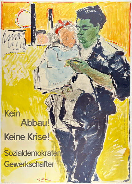 Original vintage Kein Abbau! Keine Krise! linen backed Swiss social democrat poster plakat affiche by artist Hans Falk circa 1950.