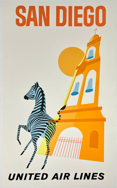 Rare authentic original vintage San Diego United Air Lines linen backed UAL airline travel and tourism partial silkscreen poster plakat affiche featuring the a zoo zebra and old mission circa 1960s.