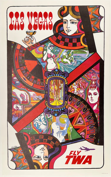 Original vintage Las Vegas - Fly TWA linen backed aviation travel and tourism showgirl, casino, sunshine, golf, playing card, gambling and beaches poster by artist David Klein, illustrator of airline posters for Trans World Airlines destinations.