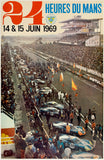 Original vintage 24 Hueres Du Mans Le Mans 1969 linen backed automobile car racing event promotional poster featuring a photo of the start of the race by Andre Delourmel, circa 1969.