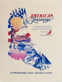 This Disneyland attraction poster is for American Journeys, the Circle-Vision 360 film presented by Pacific Southwest Airlines (PSA) that opened in Tomorrowland in 1984. The design fits American icons into the outline of a bald eagle: the Statue of Liberty, a riverboat, a hot-air balloon, the Space Shuttle and the Golden Gate Bridge, all set against the Stars and Stripes.