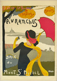 This Belle Époque French travel poster, from around 1900–1910, shows a fashionable woman seen from behind, with a pink parasol, a flowing yellow scarf and opera glasses. She looks out across the bay toward Mont Saint-Michel, with nearby resorts named in the treetops: St-Jean-le-Thomas, Carolles and Genêts. It was printed by the Syndicat d’Initiative d’Avranches, the local tourist office.