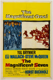 Original vintage THE MAGNIFICENT SEVEN - THE MAGNIFICENT ONE! linen backed one sheet 1 sh movie poster featuring Steve McQueen, Yul Brynner, and Eli Wallach circa 1960.