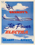 Rare authentic original vintage BRANIFF INTERNATIONAL AIRWAYS - FLY BRANIFF'S JET POWER ELECTRA linen backed airline aviation travel and tourism poster plakat affiche circa 1959.