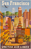 Rare authentic original vintage SAN FRANCISCO - UNITED AIR LINES Joseph Feher linen backed UAL airline travel and American tourism poster plakat affiche featuring Chinatown, cable car, and the Golden Gate Bridge by artist Joseph Feher, circa 1950s.