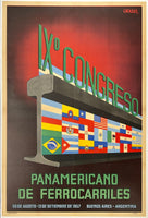 Original vintage IX. Congreso Panamericano De Ferrocarriles Congress of Railroads linen backed travel and tourism poster plakat affiche circa 1957.