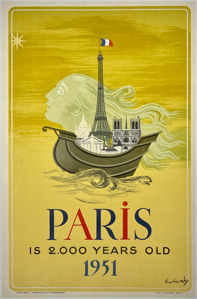 Original vintage Paris is 2,000 Years Old linen backed French travel and tourism poster plakat affiche by Midy circa 1951.