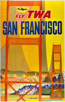 Original vintage Fly TWA San Francisco linen backed aviation travel and tourism poster plakat affiche by artist David Klein, circa 1960s.